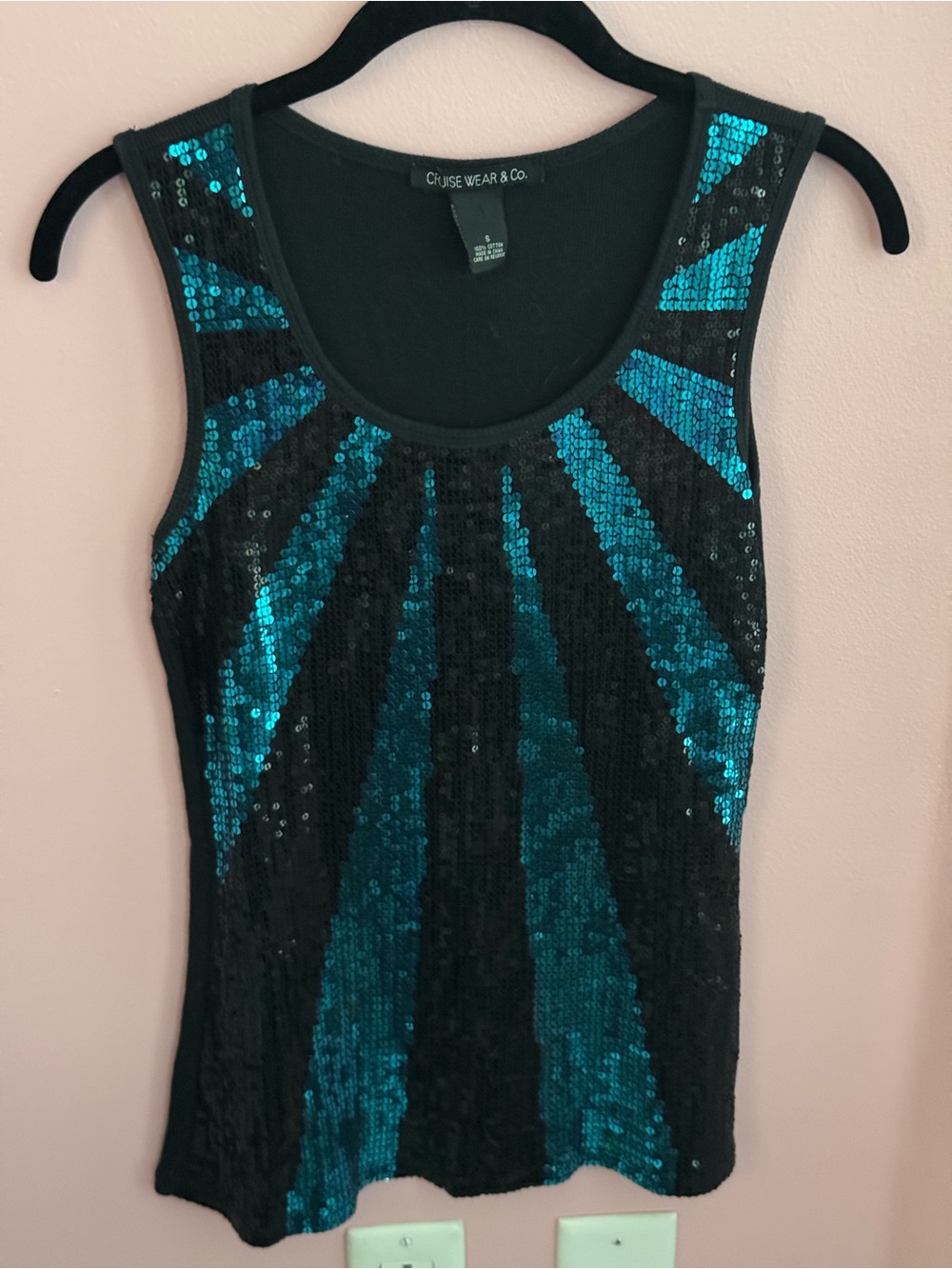 Y2K Black Teal Sequin Tank Top S Sparkly Starburst Party Cami Going Out Top NYE